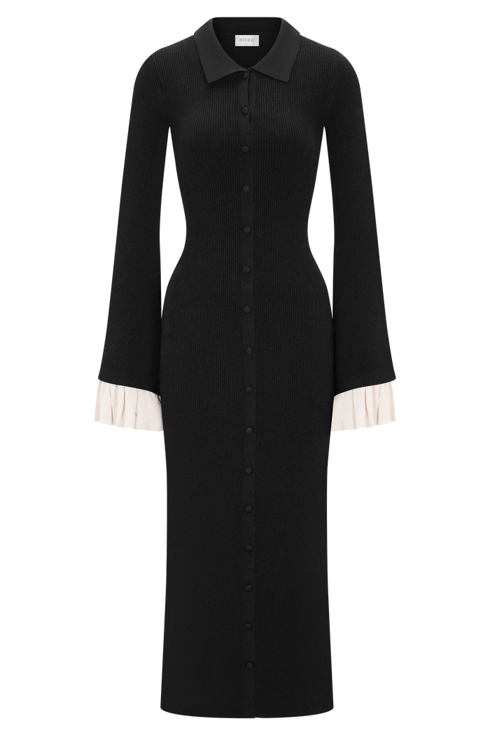 Amirose Ruffle Knit Midi Dress - Black