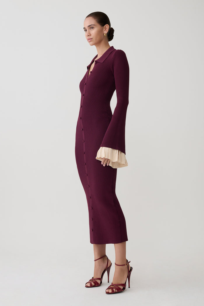 Amirose Ruffle Knit Midi Dress - Plum
