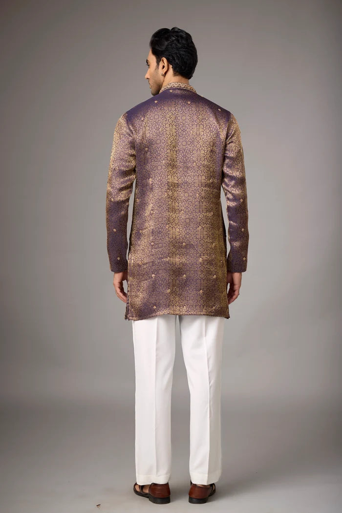 Antique Purple Brocade Kurta Pajama Set – Front View | Mahavir NX