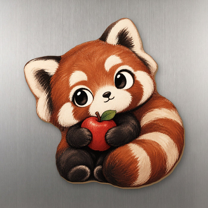 Apple of My Eye Red Panda wood magnet M366 on a stainless steel fridge, made in USA