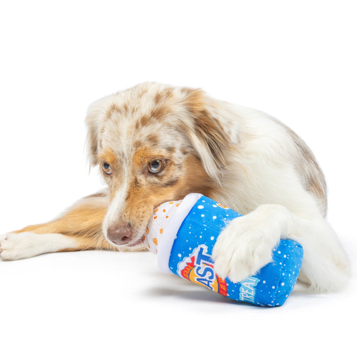 Dog with a blue frozen treat plush toy featuring Arctic Blast Treat (Double Sided).