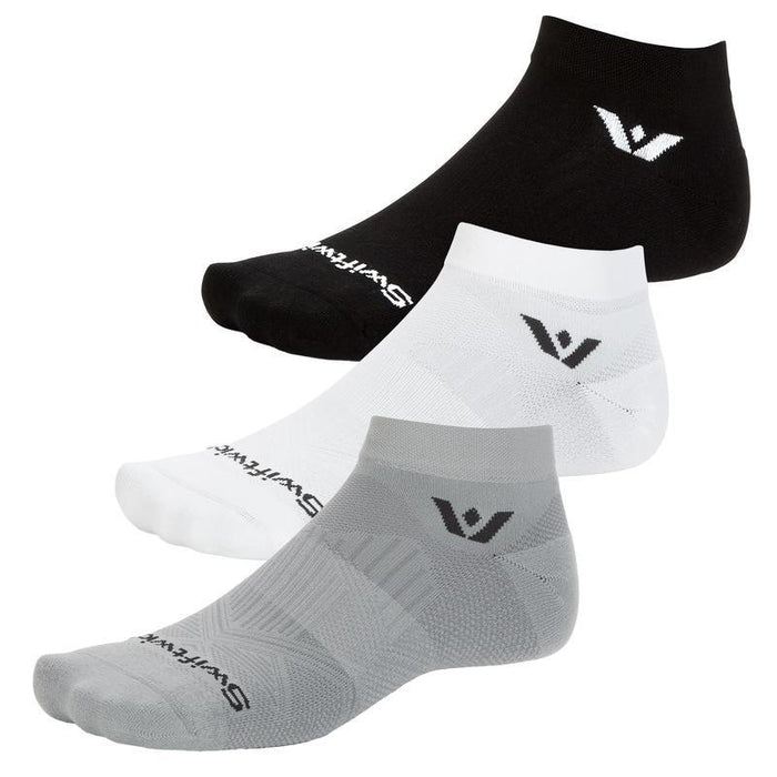 Black, white, and gray ankle socks on white background