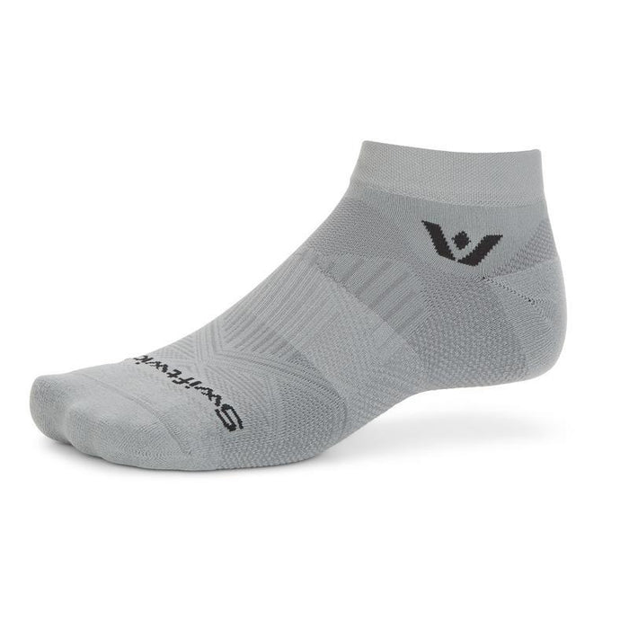 Side profile of Aspire Ankle gray firm compression sock showing Y-shaped heel, channeled upper and Swiftwick logo