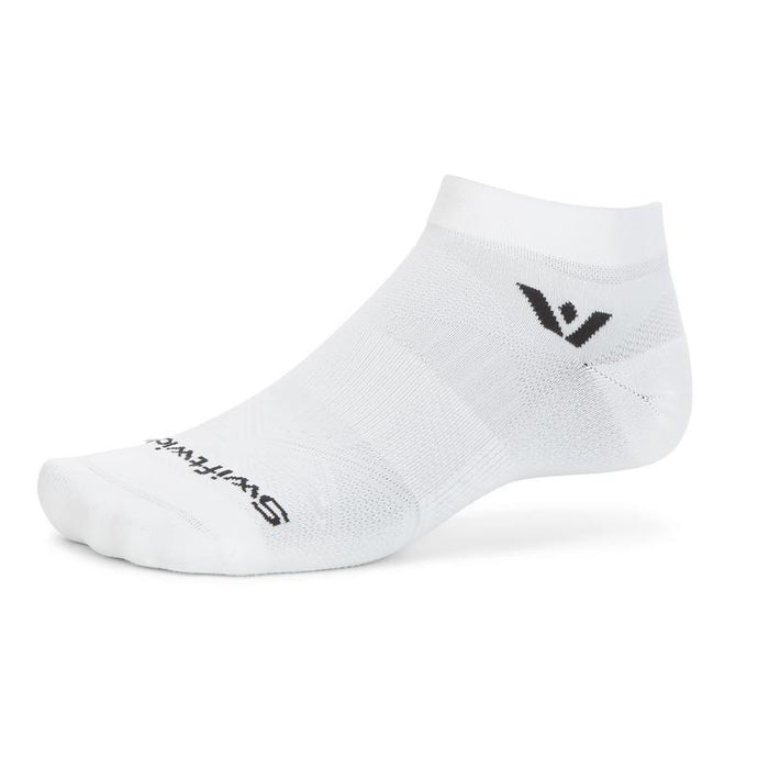 Side view of white Aspire Ankle compression sock showing low-cut ankle, compression knit, and logo on white background