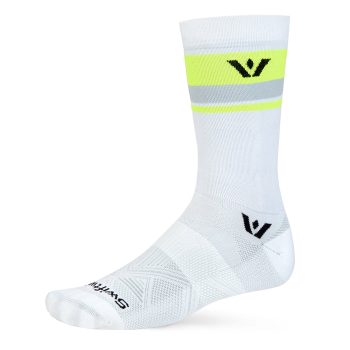 White crew sock with yellow banding and Swiftwick logos