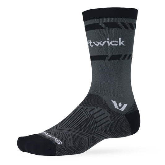Swiftwick gray and black performance cycling sock with geometric knit patterns and ankle logo