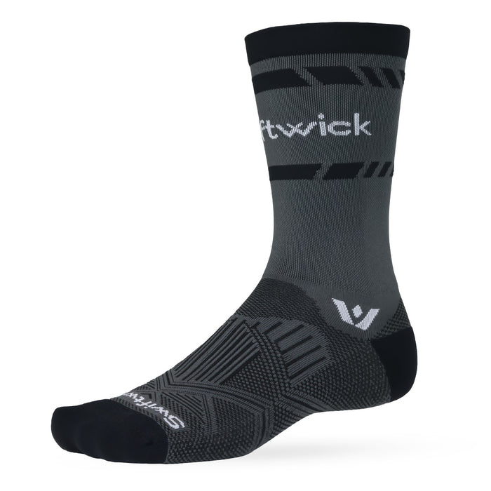 Swiftwick gray and black performance cycling sock with geometric knit patterns and ankle logo