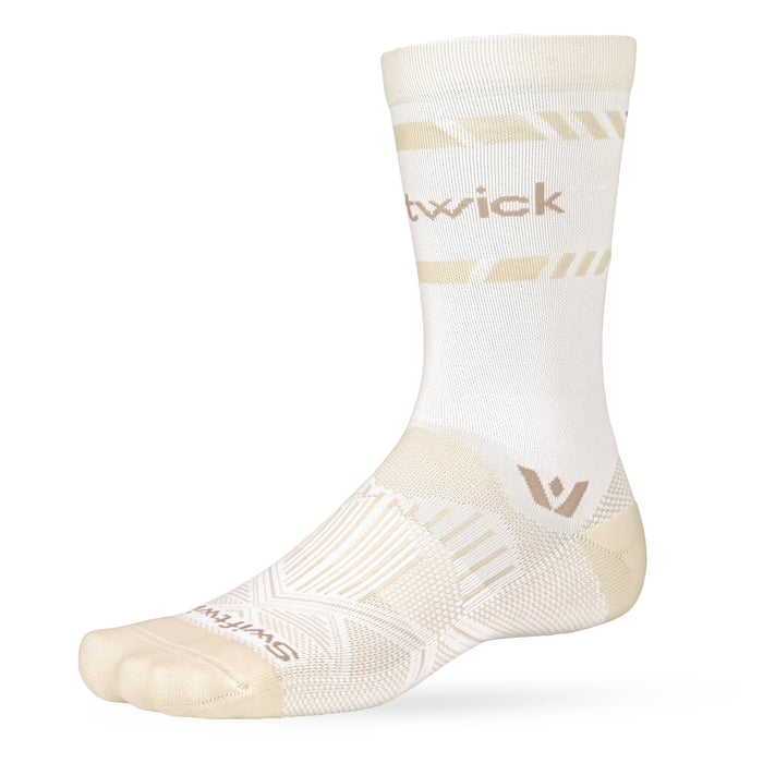 Cream-and-white Swiftwick performance crew sock with knit support zones and V logo