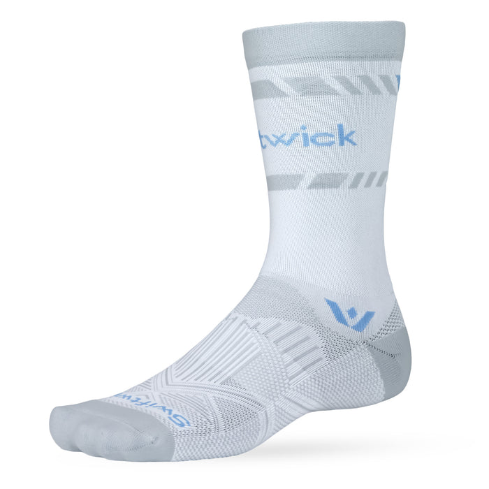 White mid-calf Swiftwick athletic sock with gray knit geometric patterns and blue Swiftwick logo