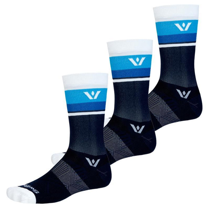 Three pairs of Aspire Crew socks in navy with white and blue stripes