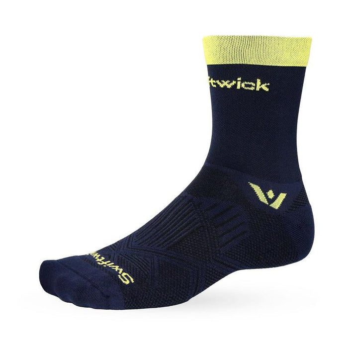 Aspire Mid-Crew sock in navy with yellow accents