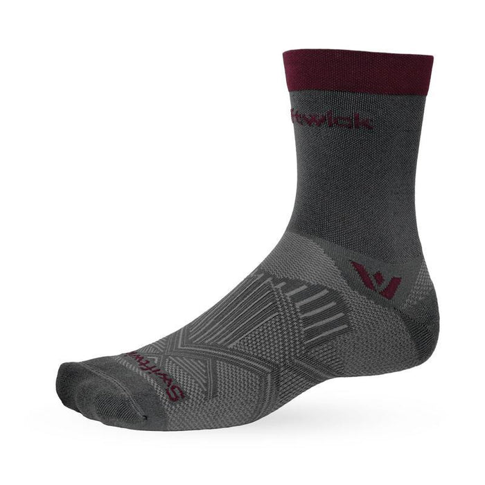 Grey and maroon Swiftwick athletic crew sock with textured arch-support pattern