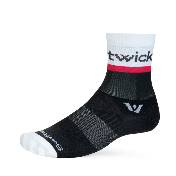 Black mid crew sock with white and pink stripes