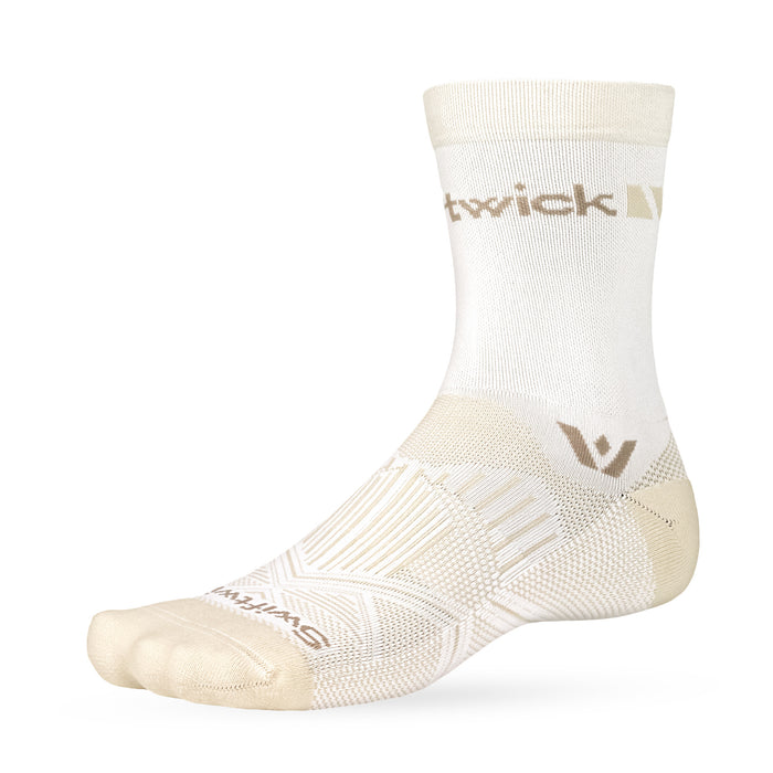 White/tan Swiftwick V performance sock with SWIFTWICK logo and knit support patterns