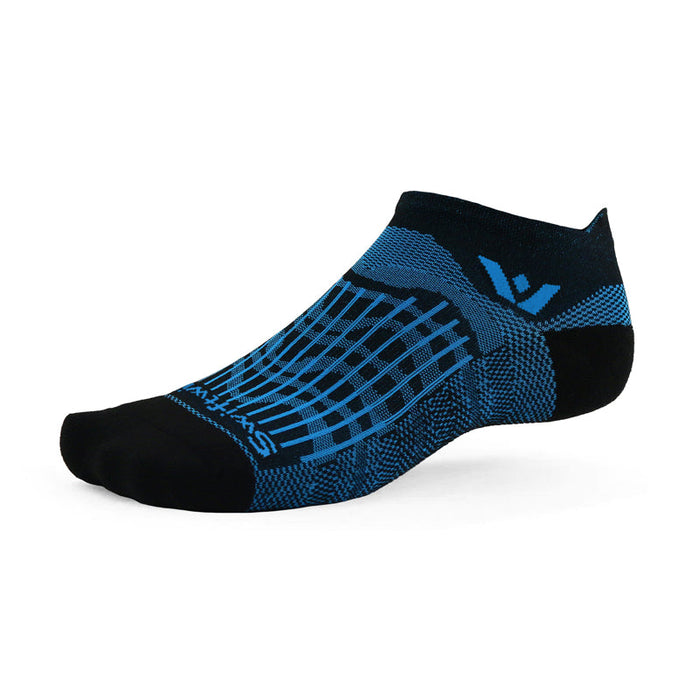 Aspire No Show sock in black with a blue wave pattern