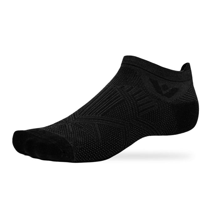 Swiftwick Aspire No Show Mono Knit sock in Black, profile view showing low cuff, heel tab, knit texture, and contoured fit.