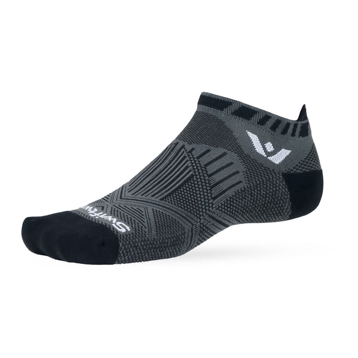 Low-cut gray and black athletic sock with geometric knit pattern, white SWIFTWICK text and brand logo