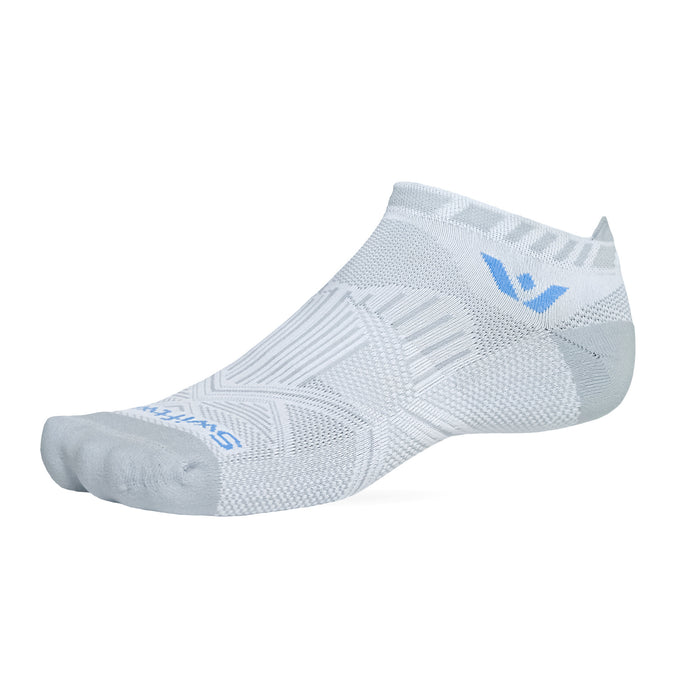 Side profile of Aspire No Show sock in blue-gray showing no-show cuff, compression knit, and textured cushioning