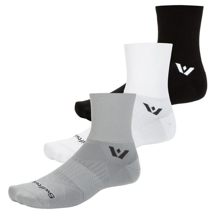 Three ankle running socks in gray, white, and black with SWIFTWICK branding and cushioned knit pattern
