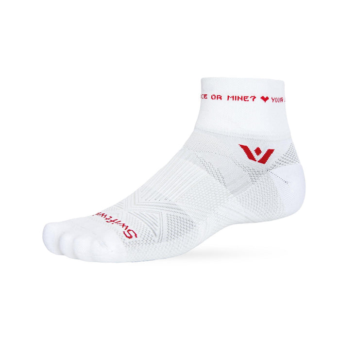 Aspire Your Pace or Mine Quarter Crew sock in white with red Your Pace or Mine text