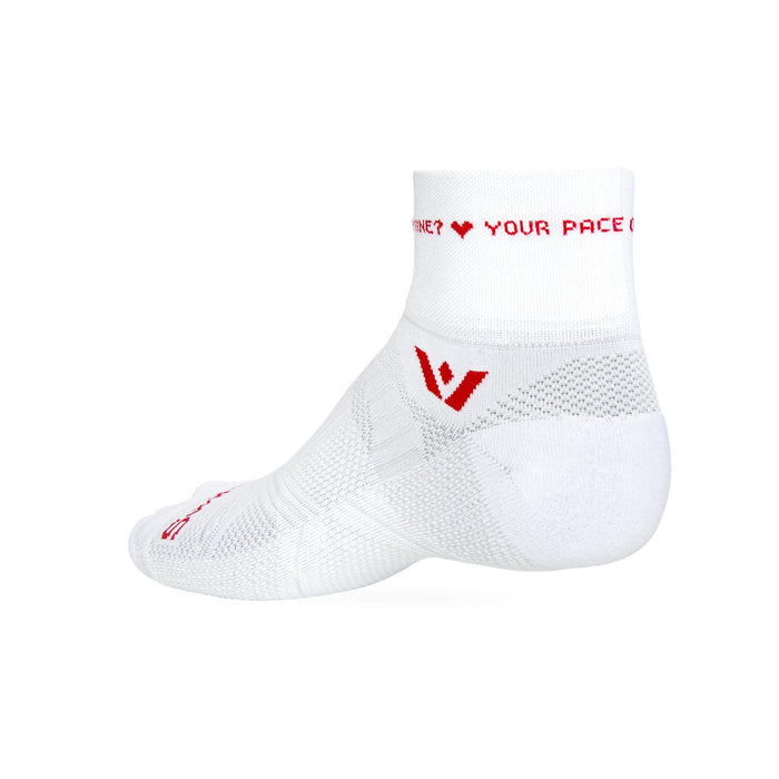 White quarter crew sock with red logo, red heart accent, and text reading your pace or mine