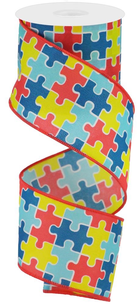 Autism Awareness Puzzle Piece Wired Ribbon, Red Yellow Blue (2.5 Inches x 10 Yards)