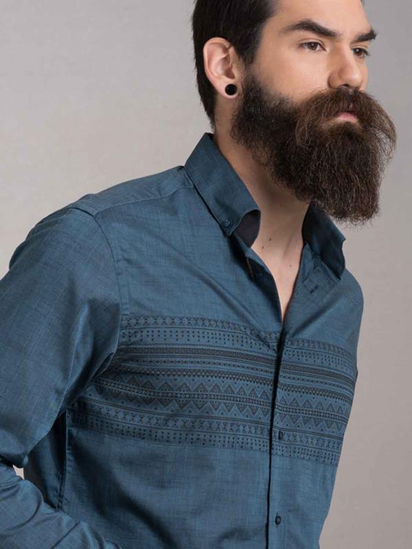 Aztec Teal Printed Full Sleeve Single Cuff Slim Fit Party Wear Cotton Shirt