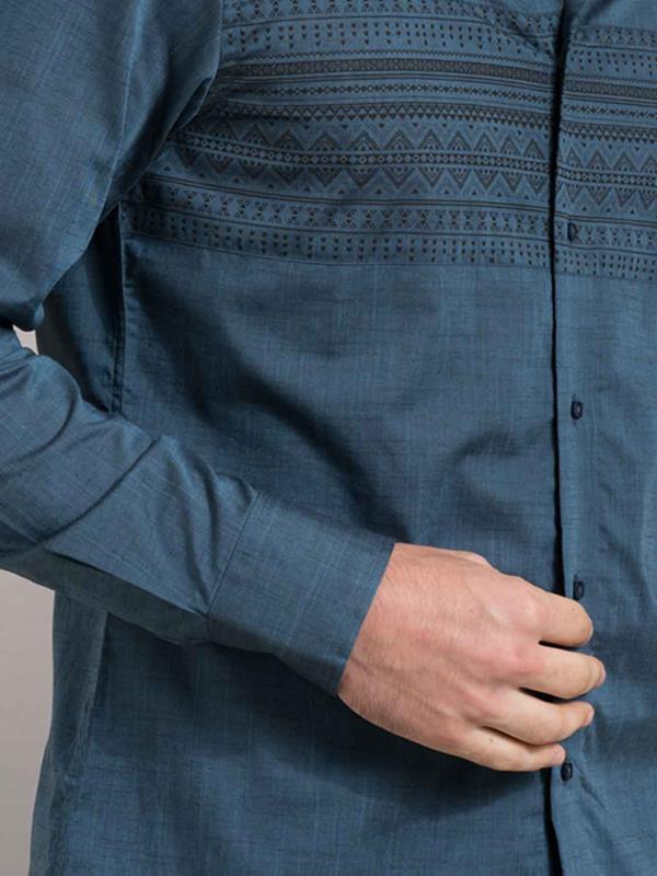 Aztec Teal Printed Full Sleeve Single Cuff Slim Fit Party Wear Cotton Shirt