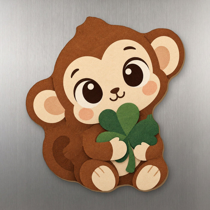 Barrel o' Luck Monkey wood magnet M361 on a stainless steel fridge, made in USA