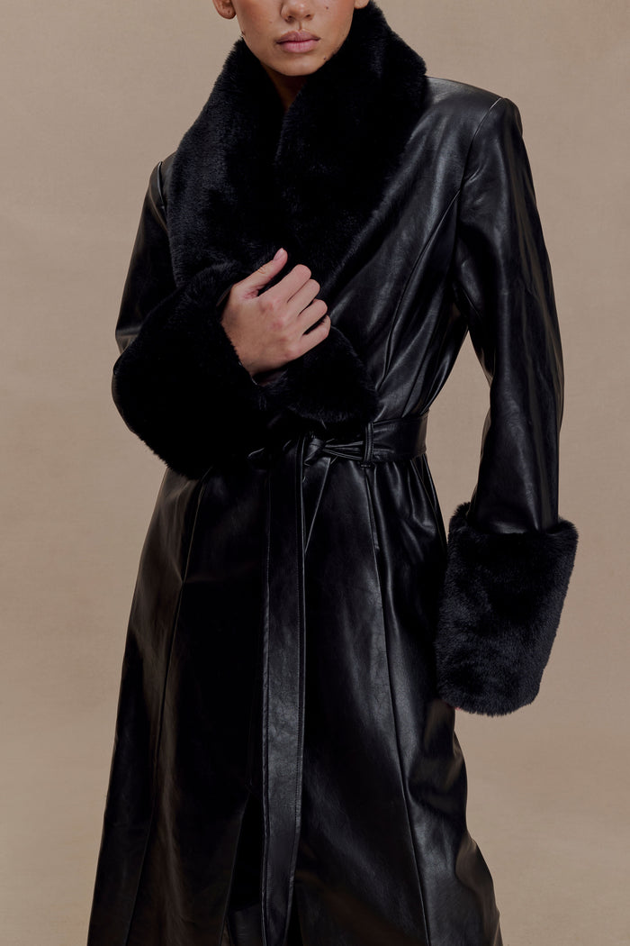 Bec Faux Leather Trench Coat With Faux Fur - Black