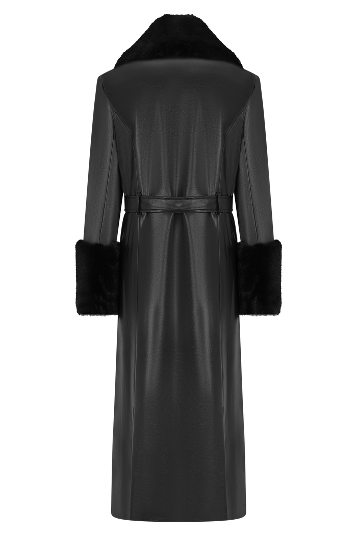 Bec Faux Leather Trench Coat With Faux Fur - Black