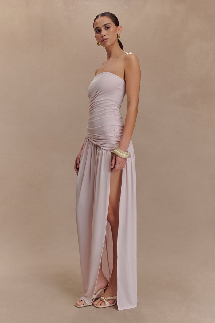 Bex Strapless Slinky Maxi Dress With Split - Pale Pink