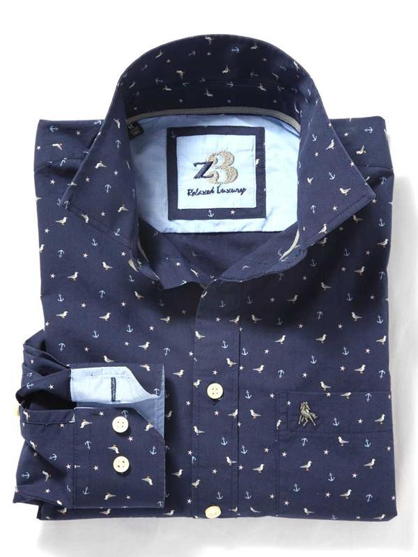 Bird Navy Printed Cotton Shirt