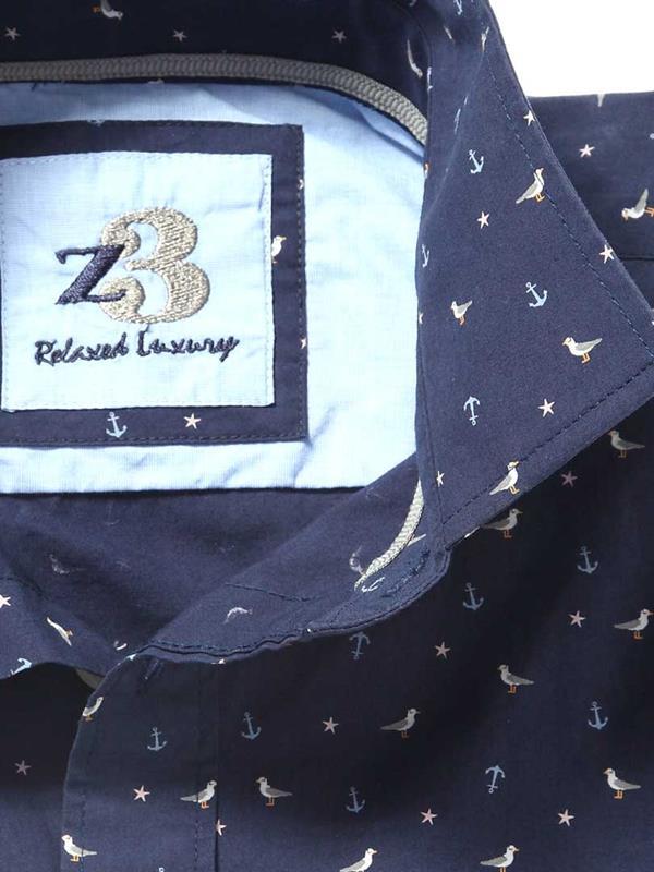 Bird Navy Printed Cotton Shirt