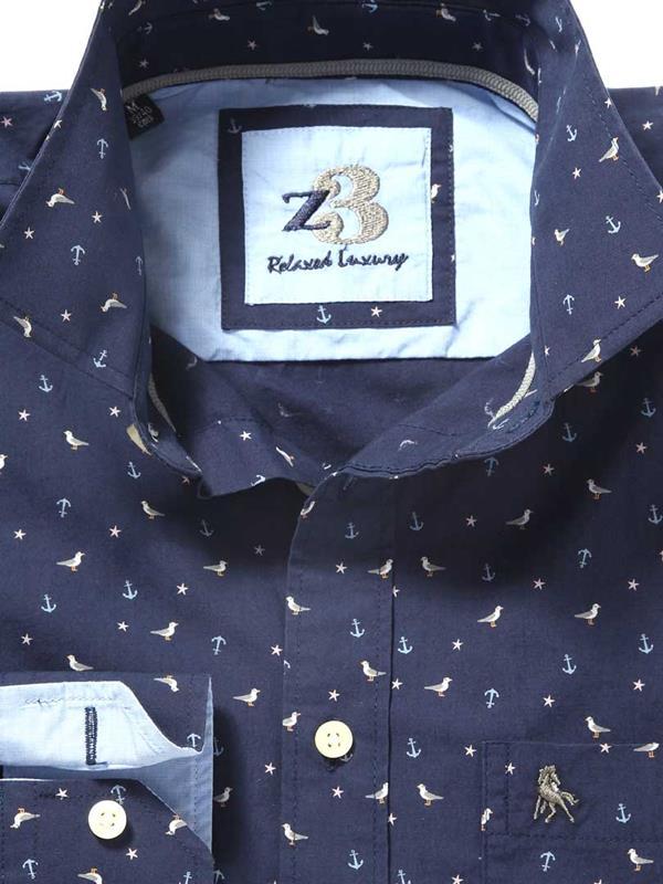Bird Navy Printed Cotton Shirt