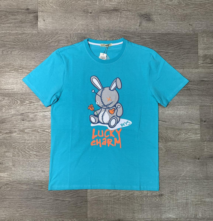 Black Keys Lucky Charm Miami Blue Tee (T934) - Men's graphic t-shirt with lucky charm design in vibrant blue color