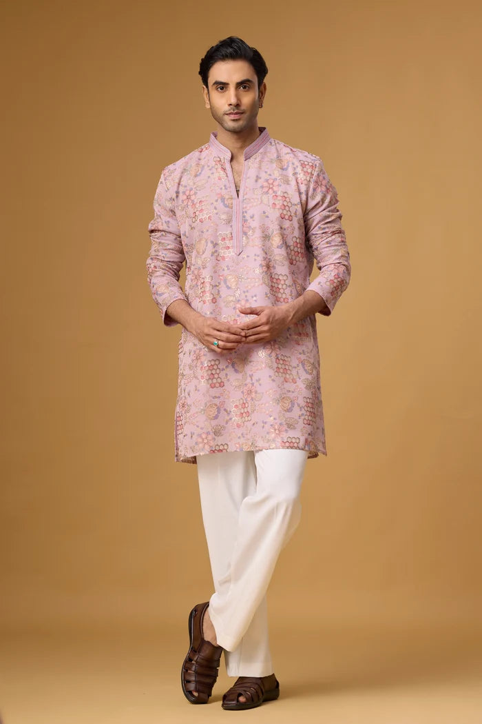 Sangeet Outfit for Men – Blush Brocade Kurta Set | Mahavir NX