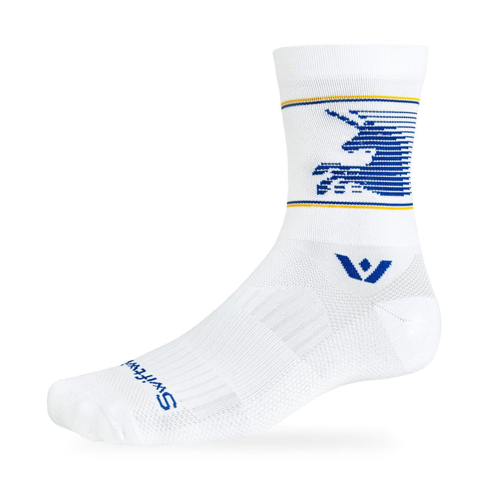 White mid crew sock with blue unicorn graphic on the cuff, accented by thin yellow and blue stripes.