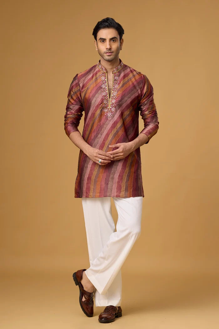 Reception Outfit for Men – Burgundy Striped Kurta | Mahavir NX