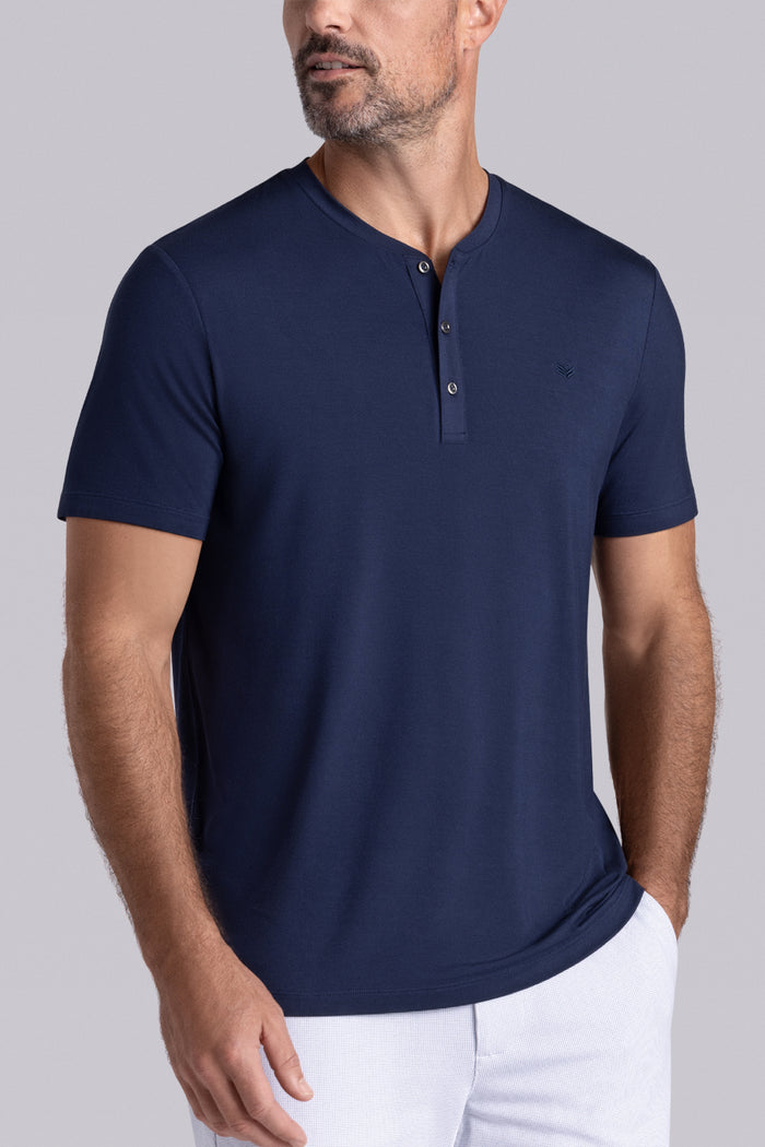 Model wearing Cardinal Legion Blue Icy Bamboo® soft short sleeve shirt, styled with white shirts.