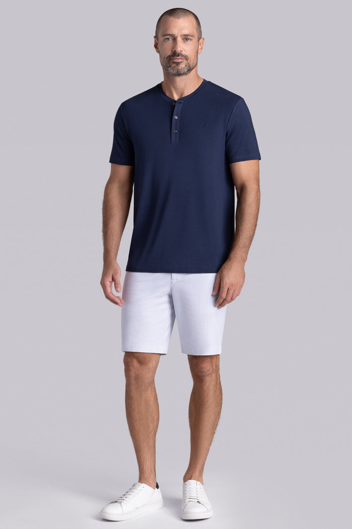 Model wearing Cardinal Legion Blue Icy Bamboo® soft short sleeve shirt, styled with white shirts.