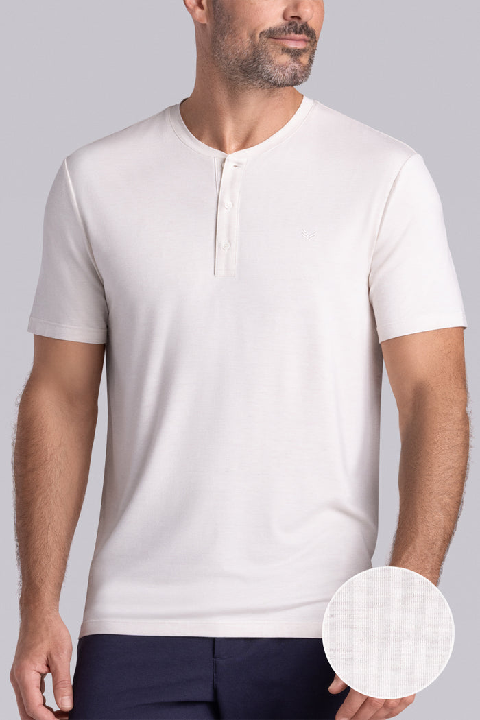 Model wearing Cardinal Natural White Heather Icy Bamboo® soft short sleeve shirt, styled with white shirts.