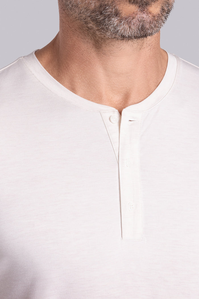 Model wearing Cardinal Natural White Heather Icy Bamboo® soft short sleeve shirt, styled with white shirts.