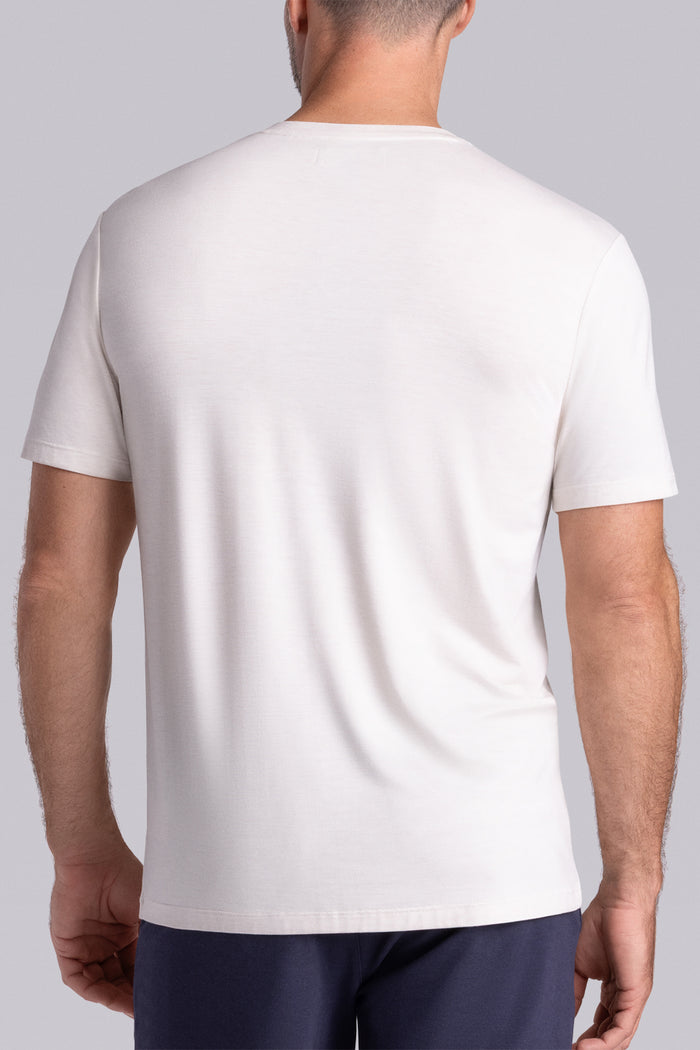 Model wearing Cardinal Natural White Heather Icy Bamboo® soft short sleeve shirt, styled with white shirts.