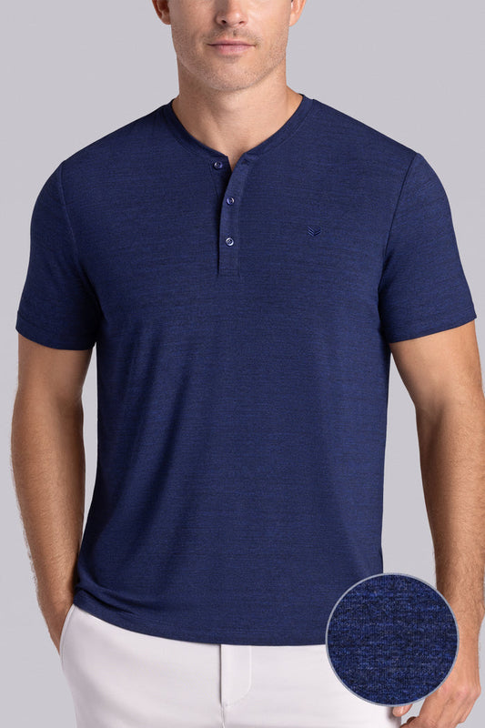 Model wearing Cardinal Navy Heather Icy Bamboo® soft short sleeve shirt, styled with white shirts.