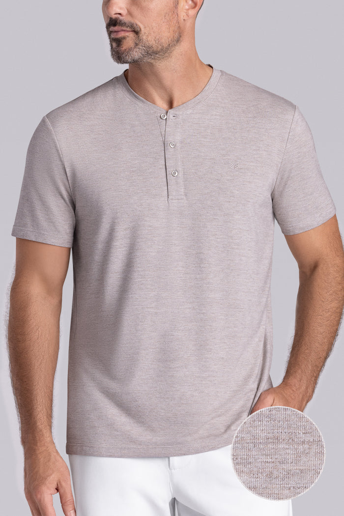 Model wearing Cardinal Oak Tree Heather Icy Bamboo® soft short sleeve shirt, styled with white shirts.