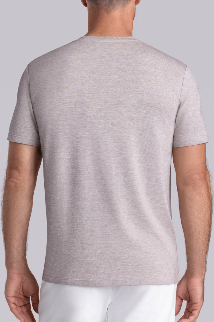 Model wearing Cardinal Oak Tree Heather Icy Bamboo® soft short sleeve shirt, styled with white shirts.