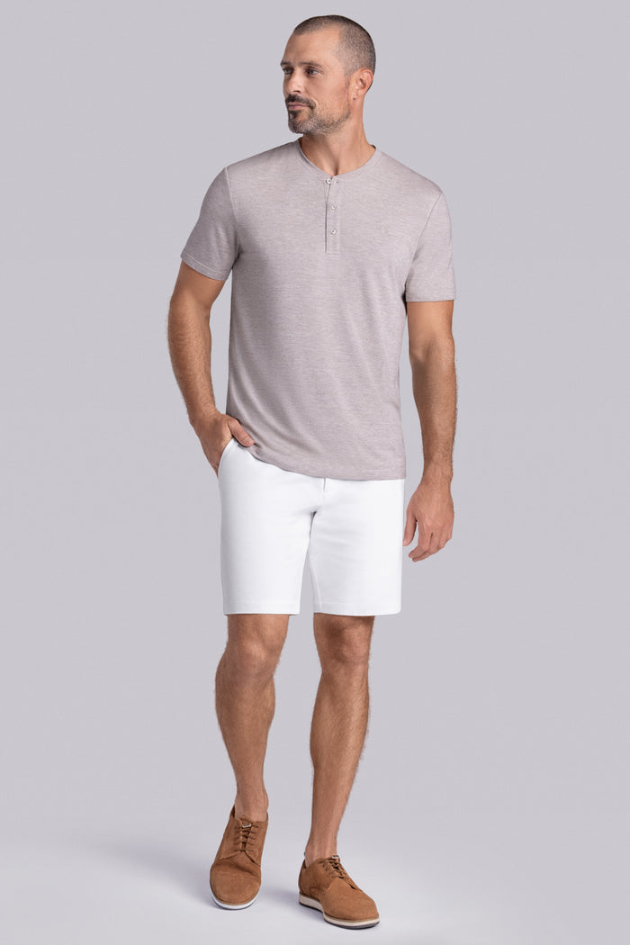 Model wearing Cardinal Oak Tree Heather Icy Bamboo® soft short sleeve shirt, styled with white shirts.