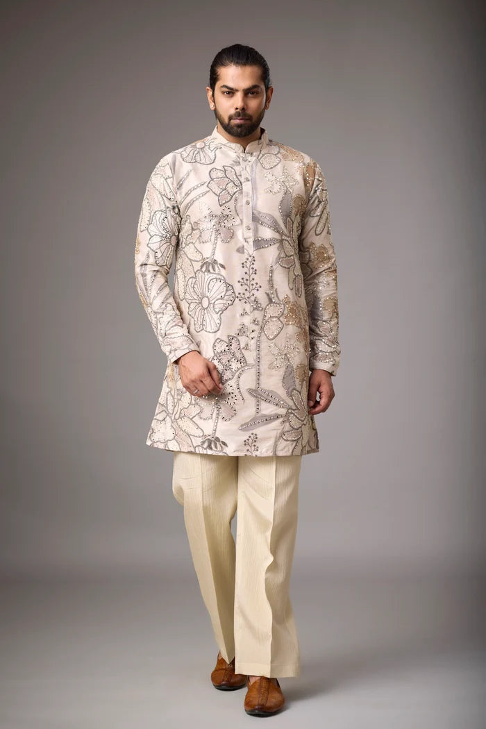 Large Botanical Floral Champagne Kurta – Wedding & Reception Wear | Mahavir NX