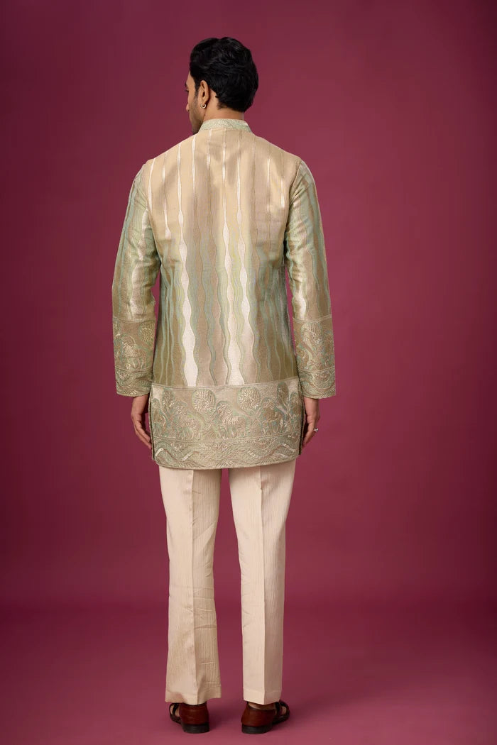 Champagne Gold Woven Kurta Pajama Set for Men – Front View | Mahavir NX